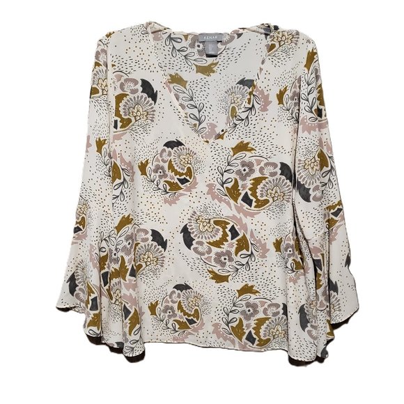 Kenar L Women's Cream Gray Floral V Neck Bell Sleeve Blouse Top - Picture 1 of 7